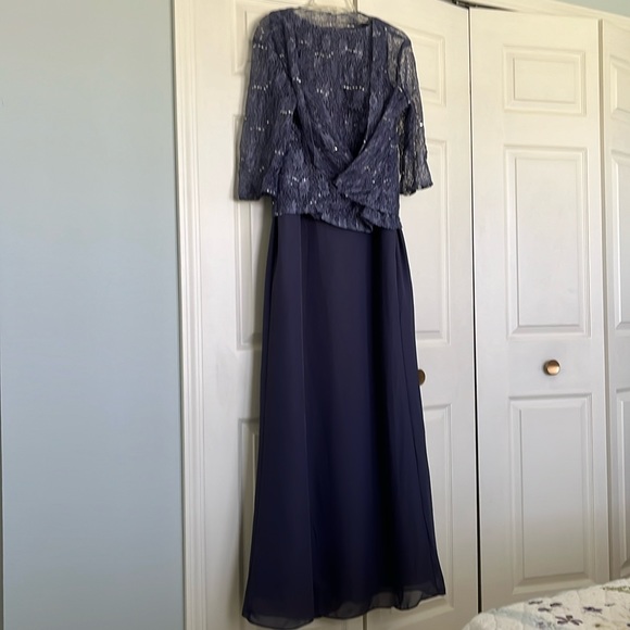 Elegant gown stormy blue with flowing chiffon skirt. Lacy sequin bolero top. - Picture 1 of 3